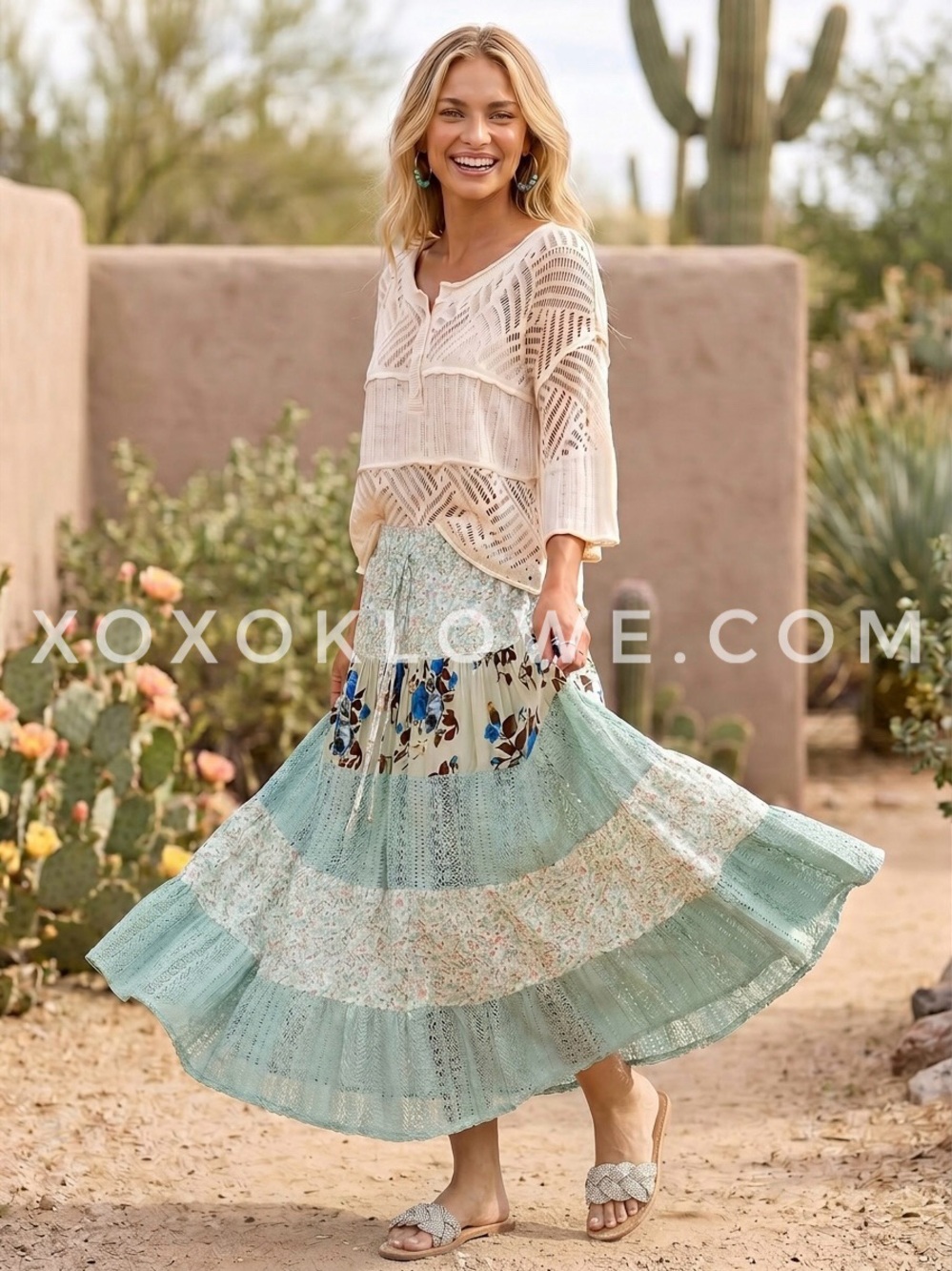 POL Sage Green Floral Patchwork Maxi Skirt | Mint Boho Tiered Lace Flowy - Picture 9 of 10